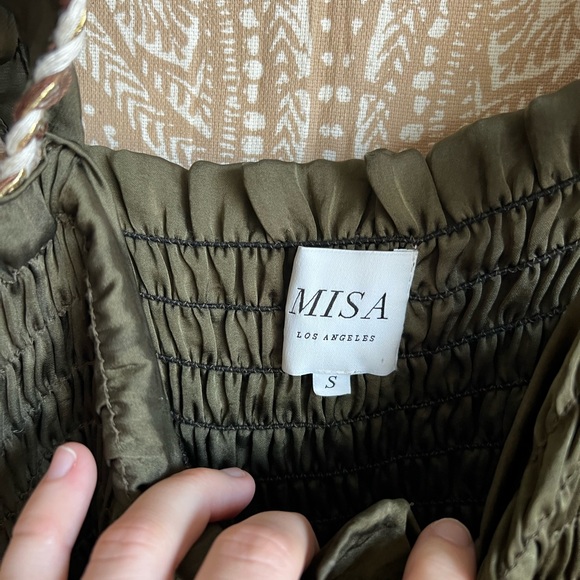 Misa Los Angeles Olive Green Smocked Satin Tank with Braid Design on Ruffle - Picture 4 of 8